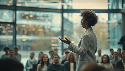 Wall Mural - A woman is giving a speech in front of a large audience