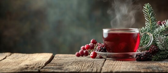 Poster - Christmas hot healthy berry tea on a rustic wooden table Copyspace