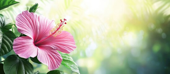 Fototapete - Lovely hibiscus flower blooming outdoors closeup Room for text. with copy space image. Place for adding text or design