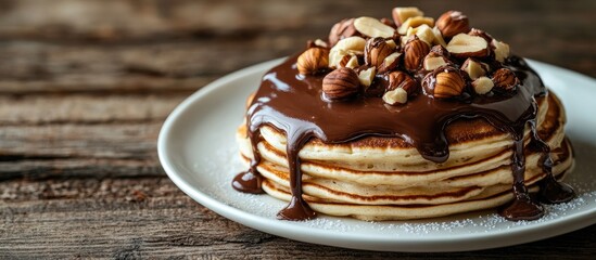 Fototapete - Pancakes topped with chocolate spread and hazelnuts served on a white plate against a wooden background. with copy space image. Place for adding text or design