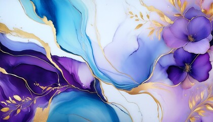 Poster - abstract marbled ink liquid fluid watercolor painting texture banner illustration soft blue purp petals blossom flower flowers swirls gold painted lines background