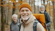 © ryker - Smiling elderly man in hiking outfit, surrounded by friends in forest. warm autumn colors create cheerful atmosphere, reflecting joy and camaraderie.