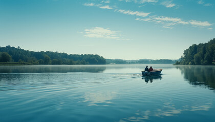 Wall Mural - A boat is floating on a lake with a man and a woman in it