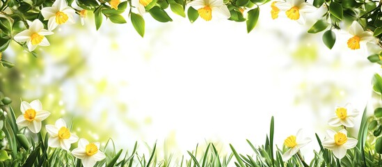 Poster - Spring background featuring a frame of grass and daffodils in a natural setting suitable for a white isolated studio background Close up. with copy space image. Place for adding text or design