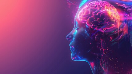 Aufkleber - Brain inside a human head glowing with vibrant lights, set against a smooth, futuristic gradient background,