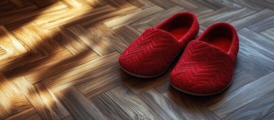 A set of cozy red slippers on the parquet floor. with copy space image. Place for adding text or design