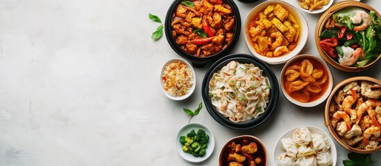 Aufkleber - Variety of Chinese dishes arranged on a light background Concept of traditional cuisine Asian style feast Top view flat lay copyspace