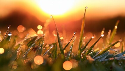 Wall Mural - macro photography of dew droplets at sunrise