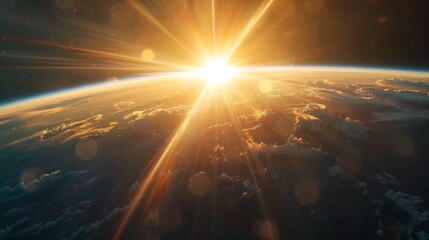 Fototapete - Brilliant sun rays ascending over Earth from a distant horizon