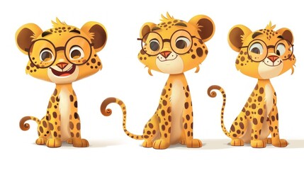 Wall Mural - Three cartoon leopards with glasses, showcasing different poses and expressions.