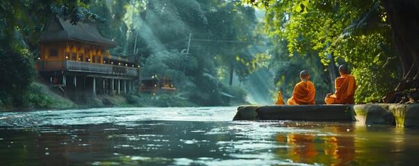 Monks Praying at Riverside Shrine with Lush Greenery in the Background