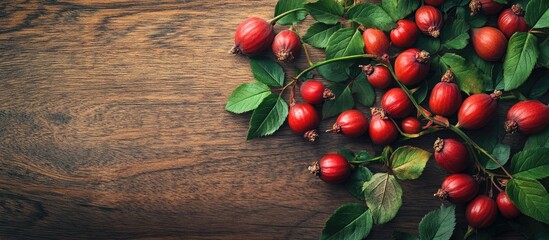 Poster - Ripe rose hip berries alongside green leaves on a wooden table arranged in a flat lay Room for text. with copy space image. Place for adding text or design