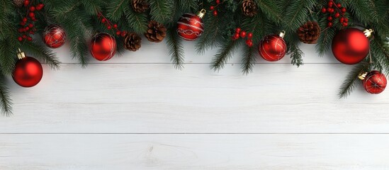 Poster - Christmas backdrop featuring holiday decorations on a white wood surface with copy space