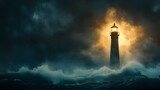 A towering lighthouse stands tall and resolute against the backdrop of a raging storm its beacon cutting through the swirling winds and crashing waves