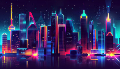 Wall Mural - A city skyline with a large red moon in the sky