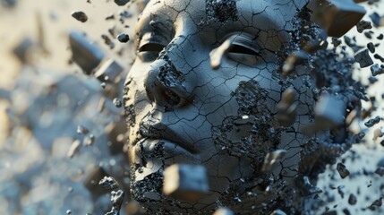 Poster - Close-up view of artificial intelligence fragments converging to outline a face, set against a smooth, unblemished background