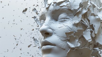 Poster - Close-up view of artificial intelligence fragments converging to outline a face, set against a smooth, unblemished background