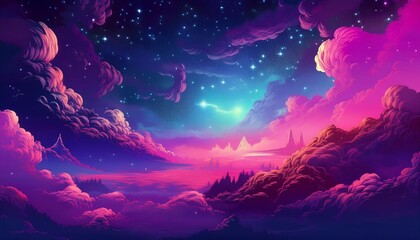 Wall Mural - Pixelated Nebula Glow - A simple pixel art scene featuring a vibrant nebula with soft clouds of gas. Game design galaxy poster. Graphic art 8 bit illustration. Ai Generated