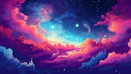 Wall Mural - Pixelated Nebula Glow - A simple pixel art scene featuring a vibrant nebula with soft clouds of gas. Game design galaxy poster. Graphic art 8 bit illustration poster. Ai Generative