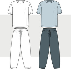 mens round neck t shirt and drawstring waist long pant flat sketch vector illustration casual outfit set technical cad drawing template