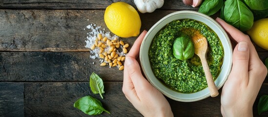 Leinwandbilder - Woman s hands preparing Italian pesto in a bowl Ingredients include basil lemon parmesan pine nuts garlic olive oil and salt on a rustic wooden surface Top view flat lay copyspace