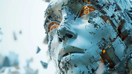 Poster - Complex AI components assembling into a face, detailed and vivid, with a pure, clean background
