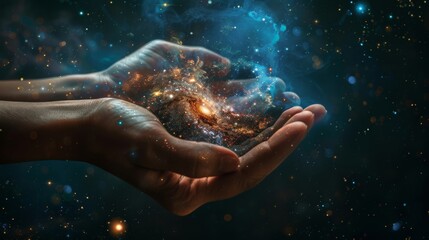 Poster - Cosmic elements in hands against a black background