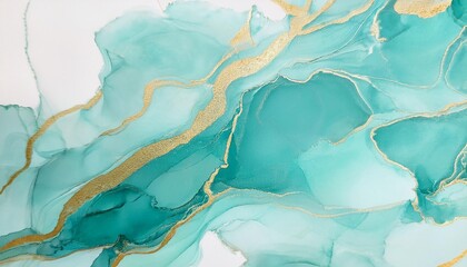 Poster - abstract watercolor paint background illustration soft pastel green aquamarine color and golden lines marbled generative ai