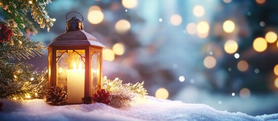 Poster - Closeup of a festive Christmas wooden lantern featuring a candle fir tree and sparkling lights with selective focus. with copy space image. Place for adding text or design