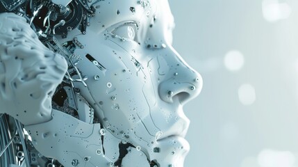 Poster - Detailed close-up of AI parts forming a facial structure, with a crisp, clean backdrop, showcasing advanced technology