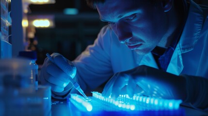 Detailed image of a scientist analyzing a gel electrophoresis result with visible bands and markers in a well-lit lab.