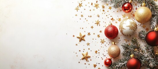 Poster - Modern Christmas card featuring stars and ornaments on a light background Top view with copy space