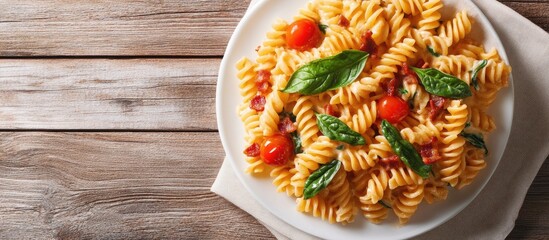 Aufkleber - Baked homemade fusilli pasta with bacon cream spinach and fresh cherry tomatoes rests on a napkin on a wooden table Close up top view. with copy space image. Place for adding text or design