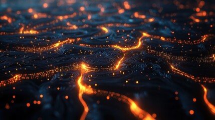 Abstract Dark Background with Glowing Orange Lines and Bokeh Lights.