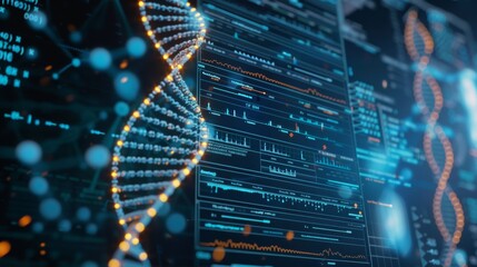 Poster - Detailed view of DNA sequencing being performed on a digital screen with graphs and data in a cutting-edge biotech facility.