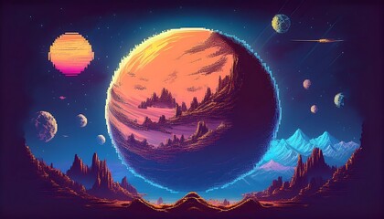 Wall Mural - Pixelated Planet and Moon- A simple pixel art design featuring a large planet with a visible surface. Game design poster. Graphic art 8 bit illustration