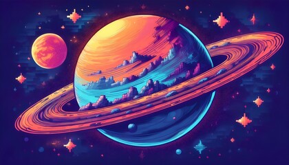 Wall Mural - Pixelated Planet and Moon- A simple pixel art design featuring a large planet with a visible surface. Game design poster. Graphic art 8 bit illustration card