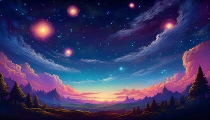 Wall Mural - Pixelated Starry Sky - A pixel art scene of a deep, dark space background filled with twinkling stars. Game design poster. Graphic art 8 bit illustration
