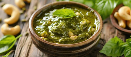 Wall Mural - Bowl jar containing green chutney sauce dip made from leaves and cashew nuts. with copy space image. Place for adding text or design