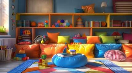 Wall Mural - A colorful room with a blue rug and a blue pillow