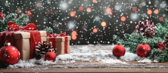 Fototapete - Fluffy Christmas theme Festive Christmas backdrop featuring fluffy decorations Christmas ornaments gift boxes and artificial snow on a comfortable wooden table with copy space