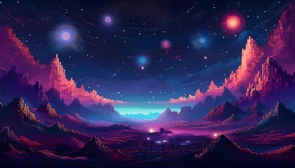 Wall Mural - Pixelated Starry Sky - A pixel art scene of a deep, dark space background filled with twinkling stars. Game design poster. Graphic art 8 bit illustration poster