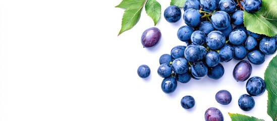 Image of blue grapes and prunes with green leaves set against a white background featuring copyspace