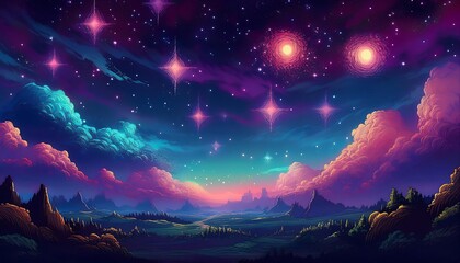 Wall Mural - Pixelated Starry Sky - A pixel art scene of a deep, dark space background filled with twinkling stars. Game design poster. Graphic art 8 bit illustration banner