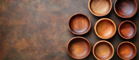 Leinwandbilder - A selection of empty wooden bowls on a brown textured background Top view flat lay Copy space