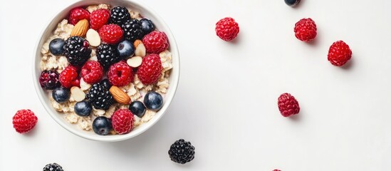 Wall Mural - Overnight oatmeal topped with fresh berries and nuts set against a white background Concept of a healthy breakfast. with copy space image. Place for adding text or design