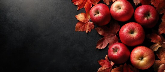 Leinwandbilder - apples and fall leaves on a black background. with copy space image. Place for adding text or design