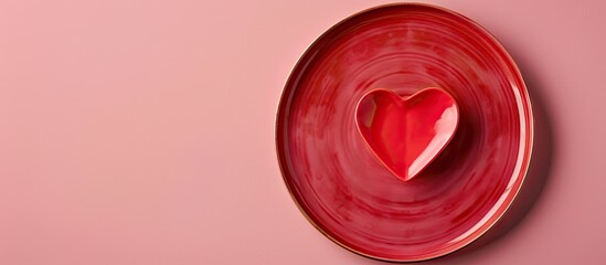 Close up of a red heart shaped plate against a pink background Empty mockup for Valentine s Day Top view copy space