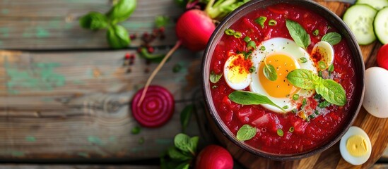 Leinwandbilder - Cold vegetable soup featuring beet cucumber radish and egg on a wooden table. with copy space image. Place for adding text or design