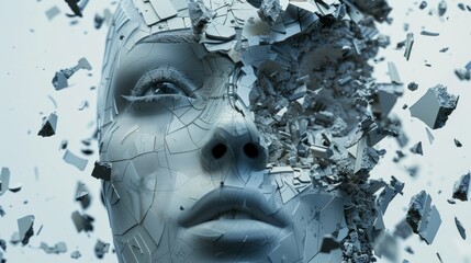 Aufkleber - Futuristic face emerging from scattered AI pieces, arranged meticulously against a clean, white background